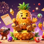 Experience the vibrant DEBET casino scene with a golden pineapple king and lottery elements in action.