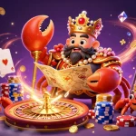 Experience thrilling 98vv bet action with golden crab emperor, treasures, and vibrant casino elements.