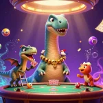 Experience the thrill of 789win with a vibrant casino scene featuring 3D dinosaurs and dynamic gaming elements.