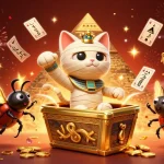 Kèo Nhà Cái showcases an Egyptian mummy cat casino scene with glowing components and gold treasures.