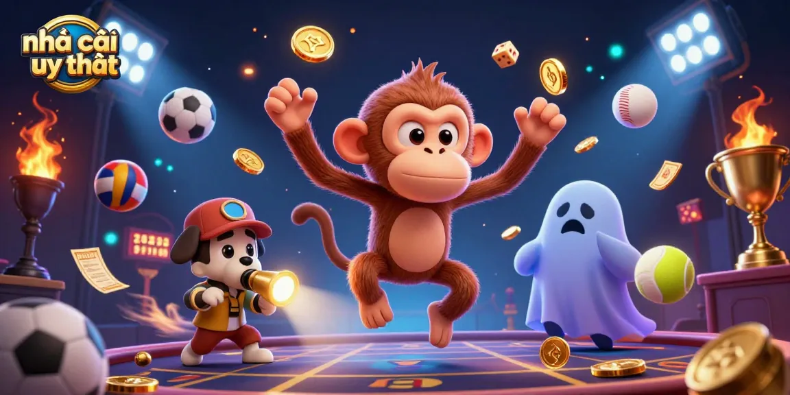 Experience the lively world of nhà cái uy tín with a playful ghost-hunter puppy tracking a mischievous monkey in a haunted casino.