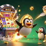 Experience exhilarating gaming with RR88 as a golden penguin soars towards a jackpot-filled casino in this vibrant illustration.