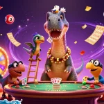 FLY88 offers vibrant gambling action with cartoon characters amidst bouncing lottery balls and prize elements.