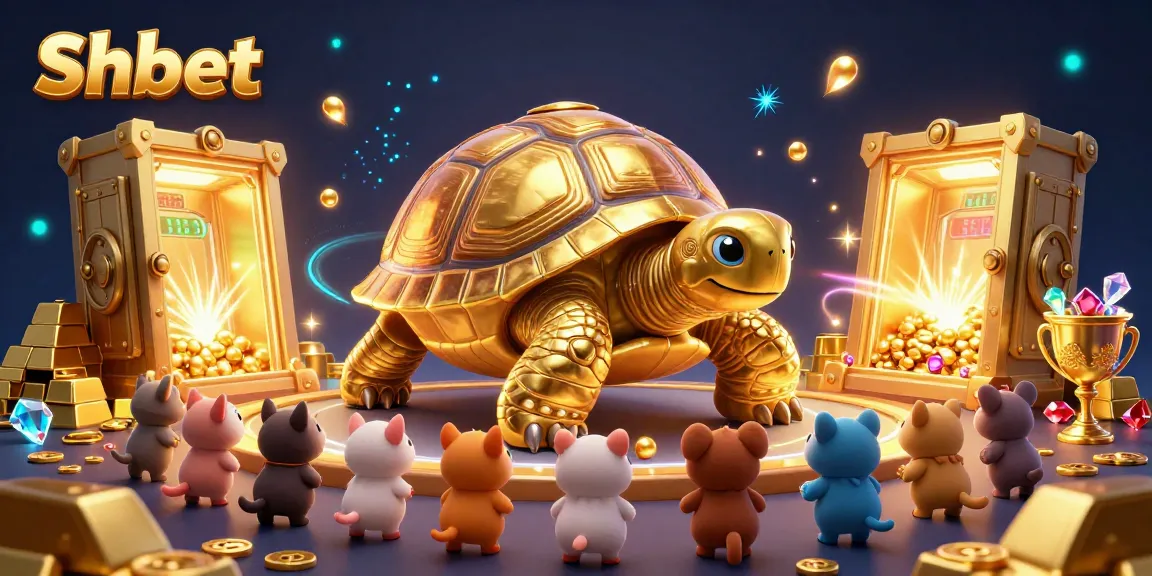 Engage in thrilling fun at Shbet with a cartoon tortoise pinball machine surrounded by treasures.