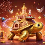 Experience thrilling gaming excitement at LUCK8 casino with captivating 3D illustration of a joyful tortoise and dealer.