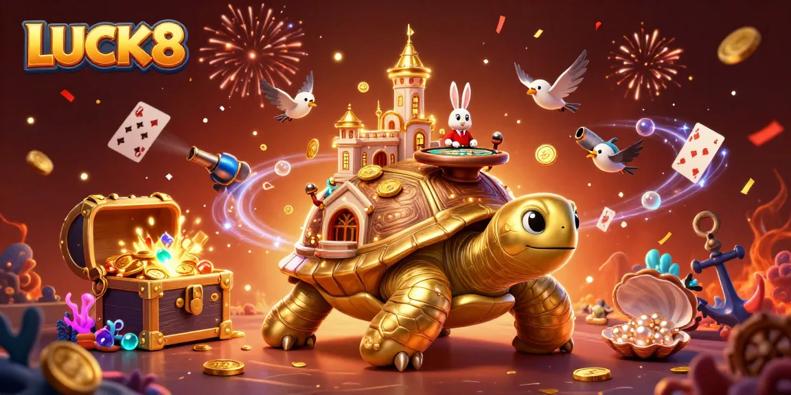 Experience thrilling gaming excitement at LUCK8 casino with captivating 3D illustration of a joyful tortoise and dealer.