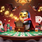 88VBET showcases unique gambling fun with a penguin playing an organ shooting golden coins.