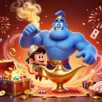 Engage with joy link free credit rm100 in a vibrant 3D casino illustration featuring a sorcerous genie and playful characters.