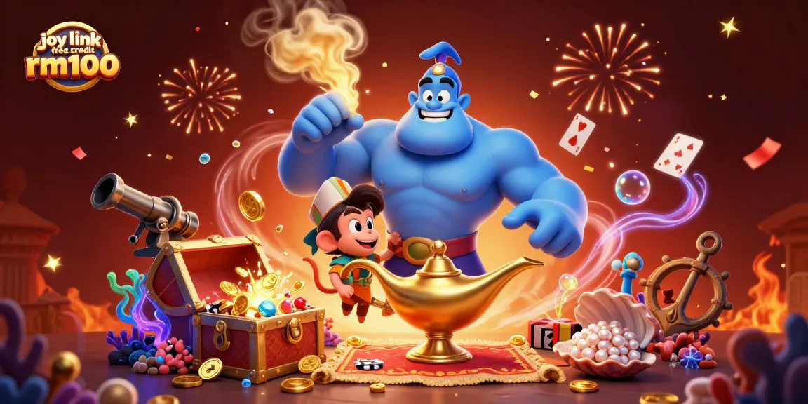 Engage with joy link free credit rm100 in a vibrant 3D casino illustration featuring a sorcerous genie and playful characters.