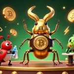 Experience the thrill of Red88 with a vibrant 3D scene featuring a boxing beetle and cryptocurrency elements.