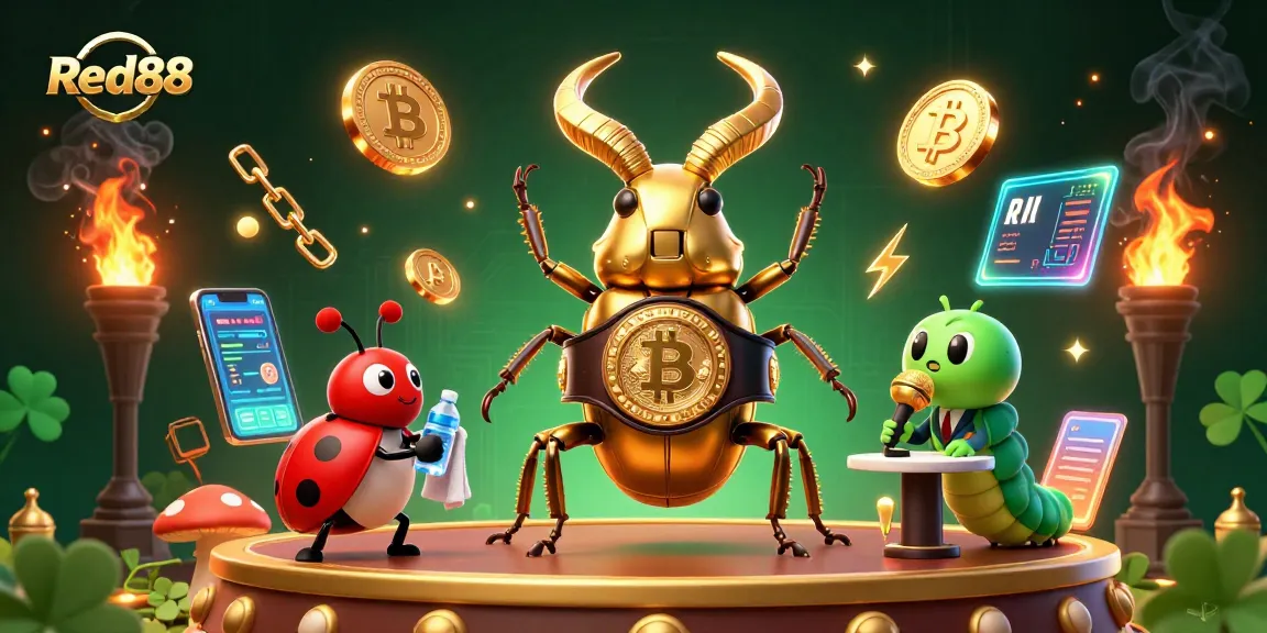 Experience the thrill of Red88 with a vibrant 3D scene featuring a boxing beetle and cryptocurrency elements.
