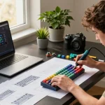 Assembling a custom 68 keyboard with keycaps and switches in a modern workspace.