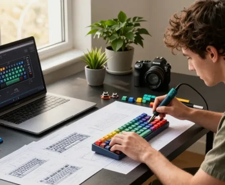 Assembling a custom 68 keyboard with keycaps and switches in a modern workspace.