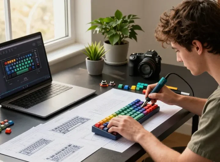 Assembling a custom 68 keyboard with keycaps and switches in a modern workspace.