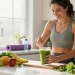 Person preparing a healthy smoothie with fresh ingredients highlighting rokok88 rtp in a vibrant kitchen.