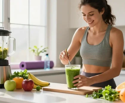 Person preparing a healthy smoothie with fresh ingredients highlighting rokok88 rtp in a vibrant kitchen.