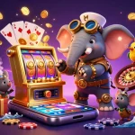Experience thrilling moments at tk11 with a steampunk elephant winning on a golden slot machine.