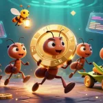 Experience the thrill of M88 with ants on a heist for a massive golden poker chip amidst glowing crypto coins.