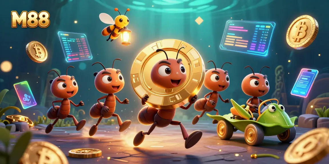 Experience the thrill of M88 with ants on a heist for a massive golden poker chip amidst glowing crypto coins.