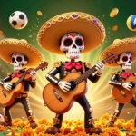 Engage with sunwin20 as a vibrant mariachi band celebrates victory amid flying sports elements in a dynamic casino scene.