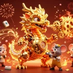 Engage in mahjong gameplay with a golden dragon and festive elements in a vibrant casino scene.