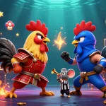 Experience the thrill of UU88 with dynamic fighting roosters in a vibrant casino scene.