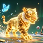 Experience thrilling gaming action at lv88-bet1 with a stunning 3D neon-wireframe tiger in a vibrant casino.