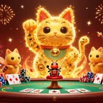 Engage with x88ni's thrilling casino adventure featuring an energetic lucky cat made of fireflies.