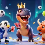 Join the fun at DA88 with a vibrant 3D scene of a T-Rex shuffling cards and a triceratops stacking chips.