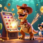 Lucky88 slots jackpot celebration with a cowboy T-Rex and dynamic casino elements