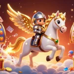 Enjoy thrilling slots at 8KBET with a vibrant scene of a celestial horse racing through a casino.