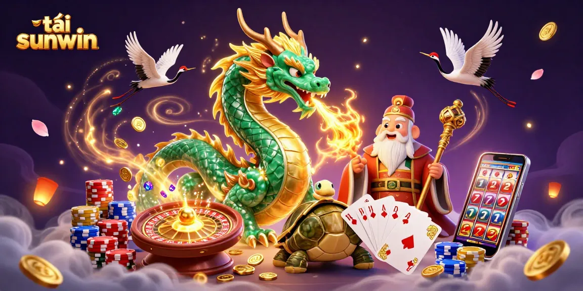 Win big with tải sunwin in a lively scene featuring a jade dragon and lucky cranes.