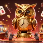Experience LUCKY88's vibrant casino atmosphere with a golden owl scanning the fun-filled gaming floor.