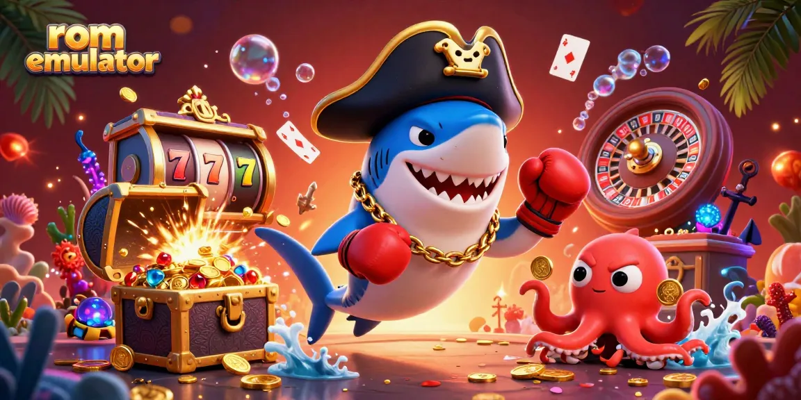 Win with rom emulator in this vibrant casino-themed underwater scene featuring a pirate shark and friends.
