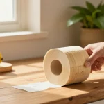 Bamboo toilet roll displayed in a sunny kitchen, showcasing eco-friendly and sustainable living.