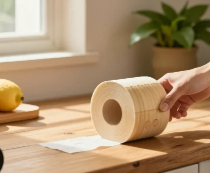 Bamboo toilet roll displayed in a sunny kitchen, showcasing eco-friendly and sustainable living.
