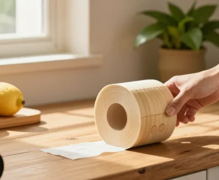 Bamboo toilet roll displayed in a sunny kitchen, showcasing eco-friendly and sustainable living.