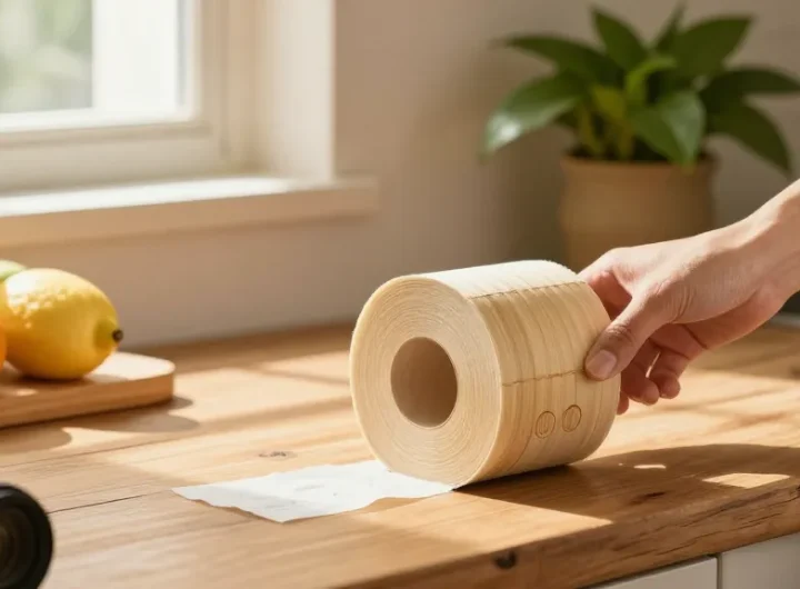Bamboo toilet roll displayed in a sunny kitchen, showcasing eco-friendly and sustainable living.