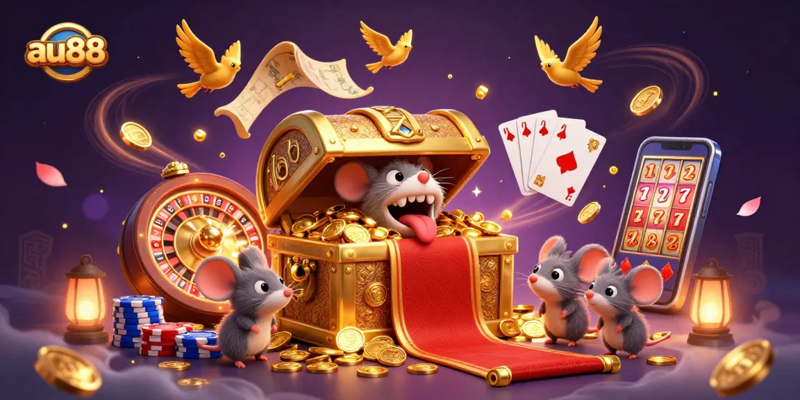 Join the excitement at au88 with a vibrant casino illustration featuring golden treasures and winning elements.