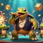 Join the fun with 8XBET, featuring a cartoon turtle in a casino scene with exciting game elements!