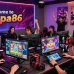 Excited players enjoying oppa86 situs games in a vibrant gaming hub with dynamic visuals.
