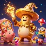 Engage with xoso66 lottery excitement through a 3D vibrant illustration of golden magic and colorful prizes.