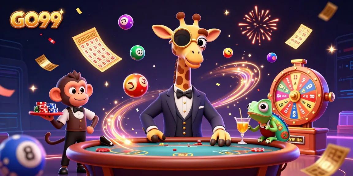 Engage with the vibrant GO99 casino scene featuring a high-roller giraffe and dynamic game elements.