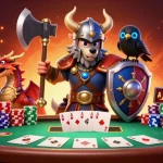 Experience the thrilling action of llwin with a Viking wolf warrior, dragon, and poker elements.