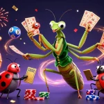 Experience the thợ săn rồng theme with giant praying mantis and ladybug in an exciting lottery scene.
