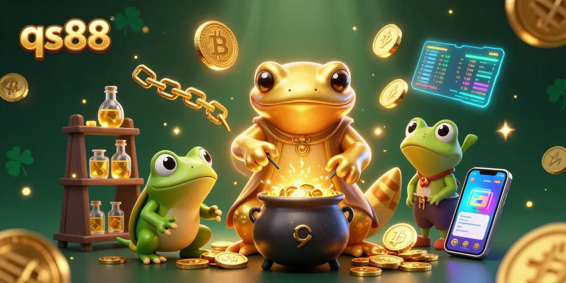 Experience qs88's unique gaming with golden coins and crypto elements in an enchanting casino scene.