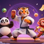 Go8's dynamic 3D scene with a kung fu tiger master, panda disciple, and monkey student amidst vibrant lottery and casino elements.