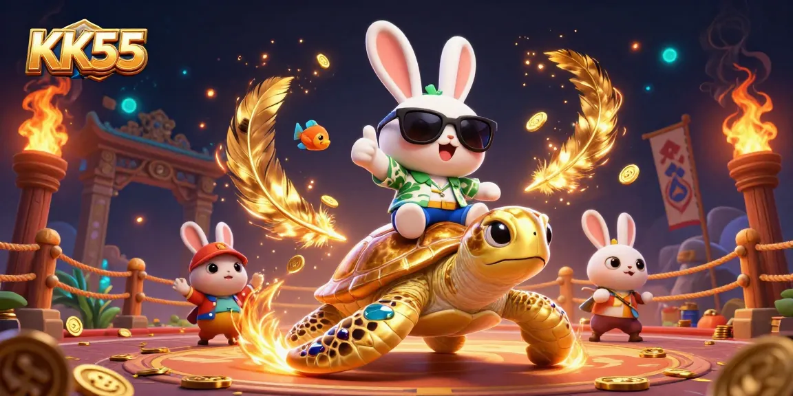Engage with KK55's dynamic casino experience featuring a lucky rabbit and golden turtle