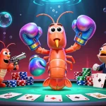 rik themed poker scene with vibrant mantis shrimp, pistol shrimp, and coral grouper in action