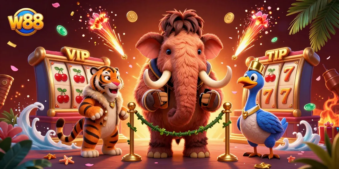Experience thrilling action at w88 with a vibrant illustration featuring casino characters immersed in gaming fun.